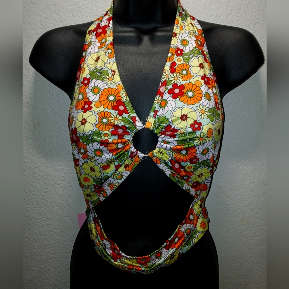 Floral Halter Top with Cutout
